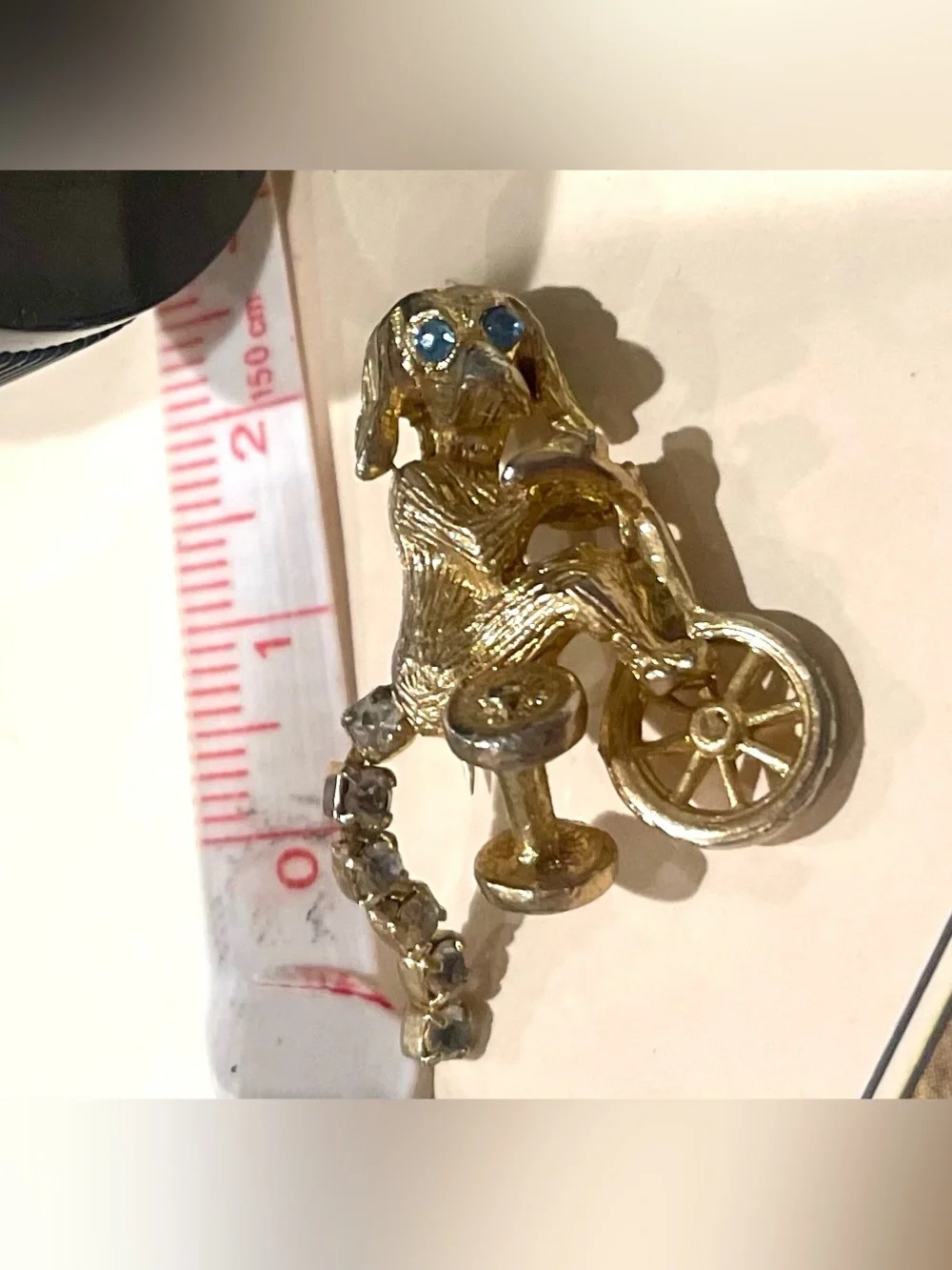 Frank Gargano Rare Puppy on Tricycle Brooch w/ Blue Topaz Eyes & Rhinestone Tail